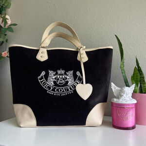 Vintage Juicy Couture Velvet Tote Bag Black and Cream 2000s Juicy